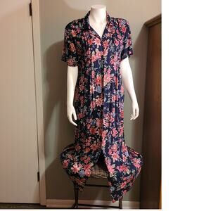 Vntg 80s Erika Dark Floral Maxi Dress Modest Accordion Pleated Long Church XL